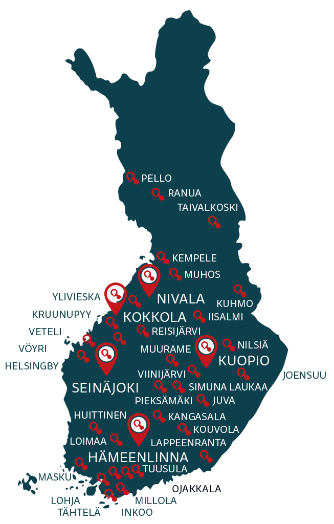 NHK huoltoverkoston toimipisteet Suomen kartalla